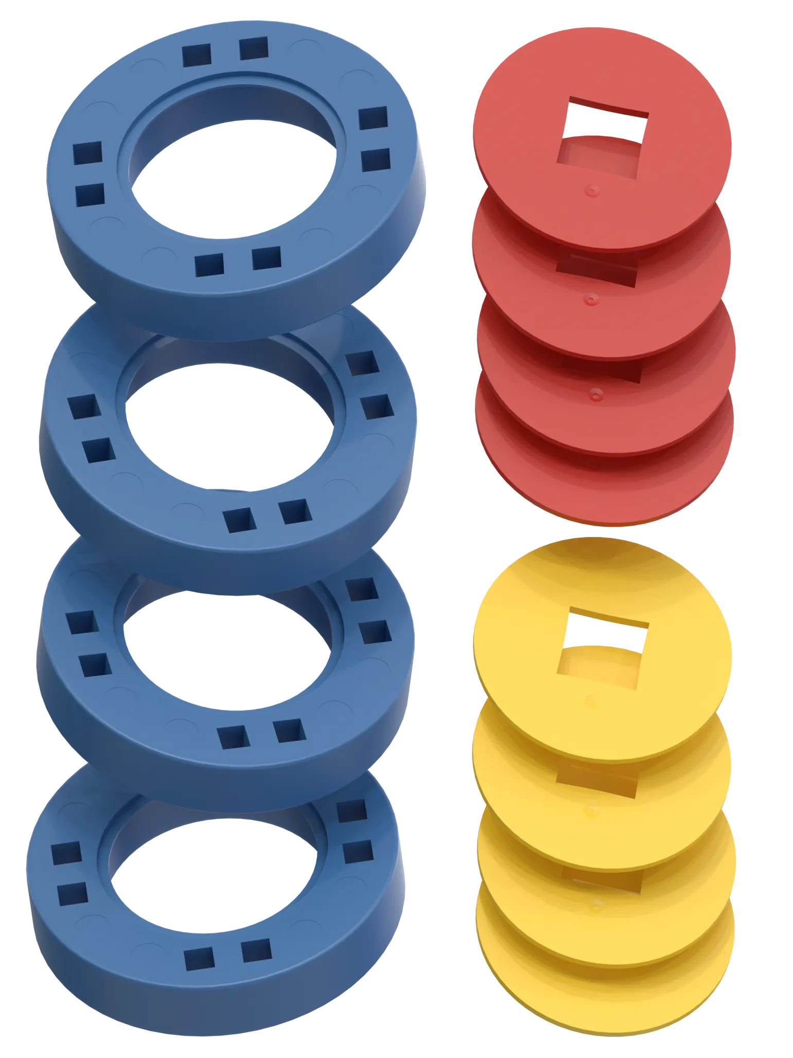 BIG Hjul – 4 Blå hjul med 4 röda och 4 gula navkapslar